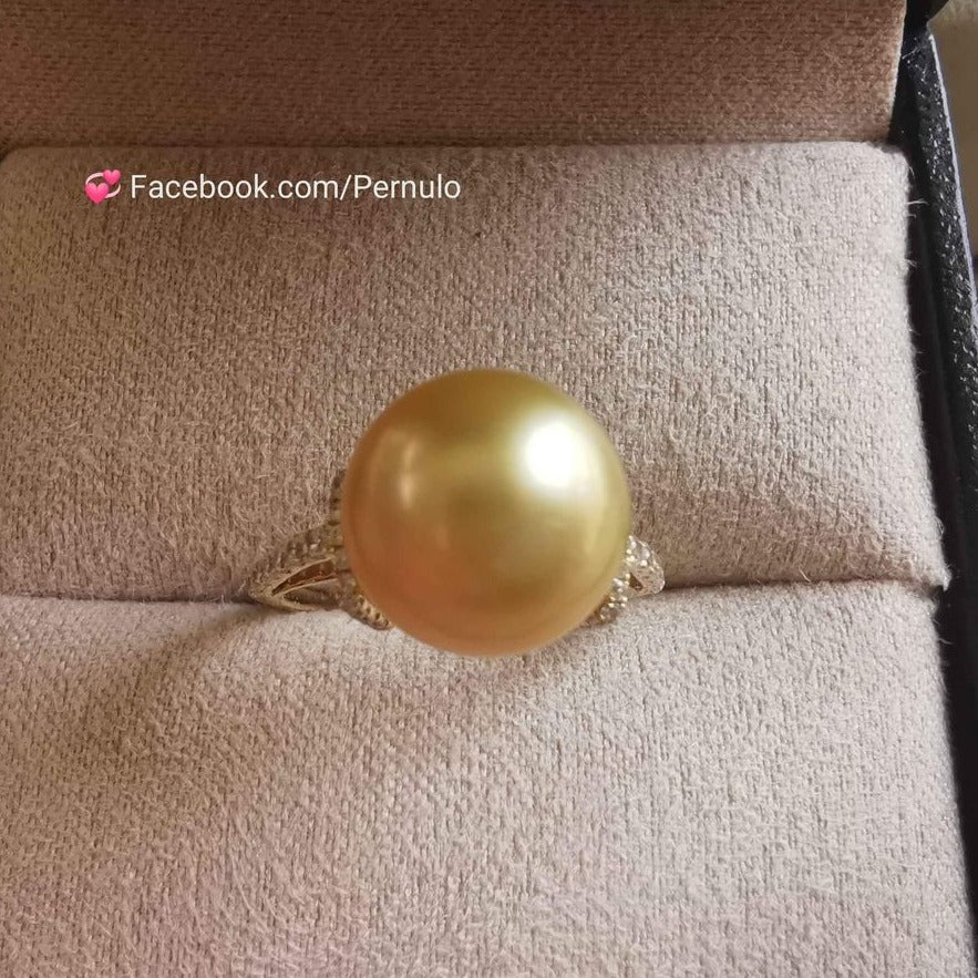 Classic solitaire ring 14k gold genuine golden south sea pearl 10.3mm AAAA size K