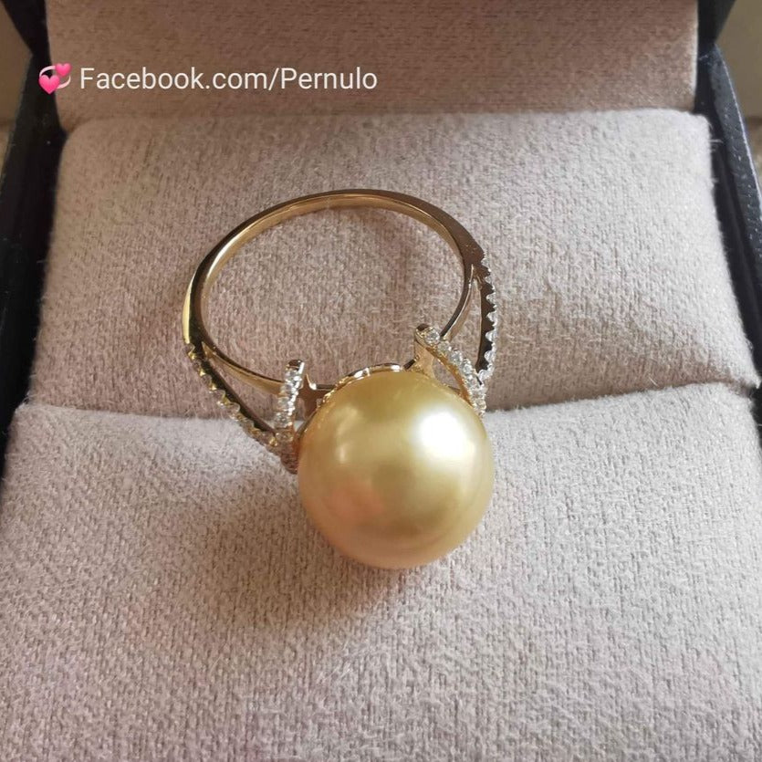 Classic solitaire ring 14k gold genuine golden south sea pearl 10.3mm AAAA size K