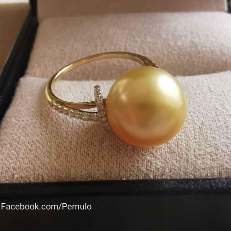 Classic solitaire ring 14k gold genuine golden south sea pearl 10.3mm AAAA size K
