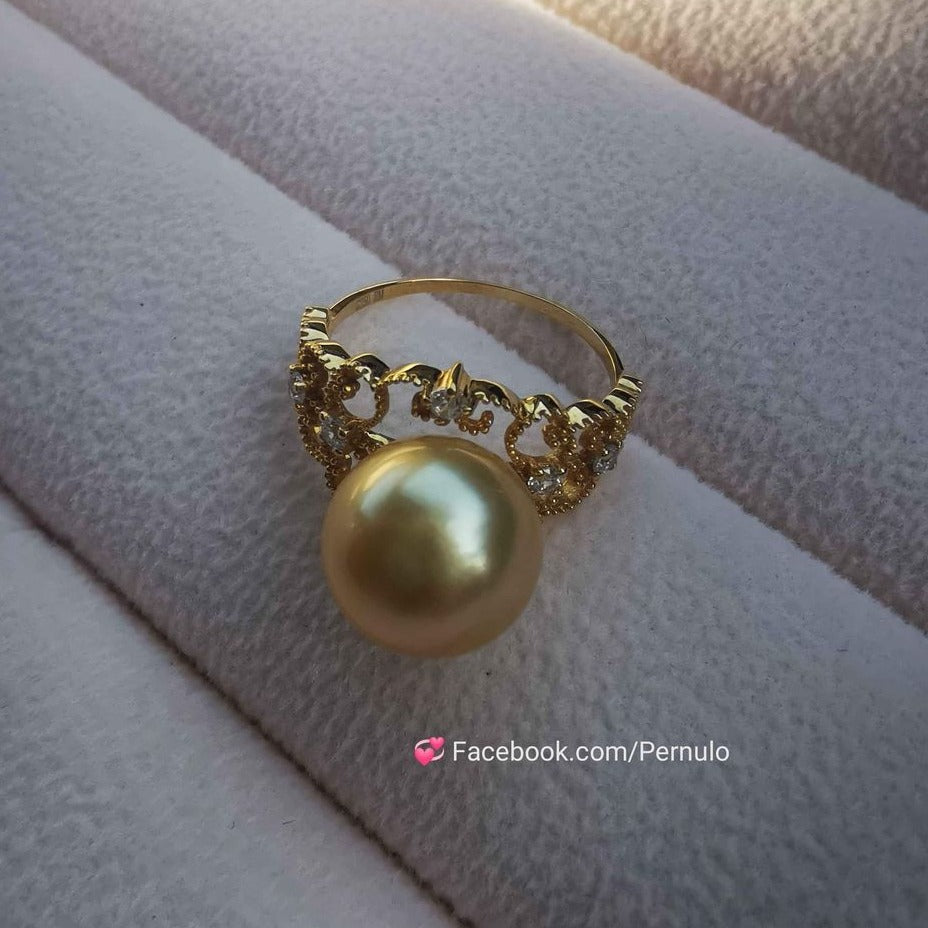 Golden lacy ring 18k gold genuine golden south sea round pearl 10.4mm AAA+ size L