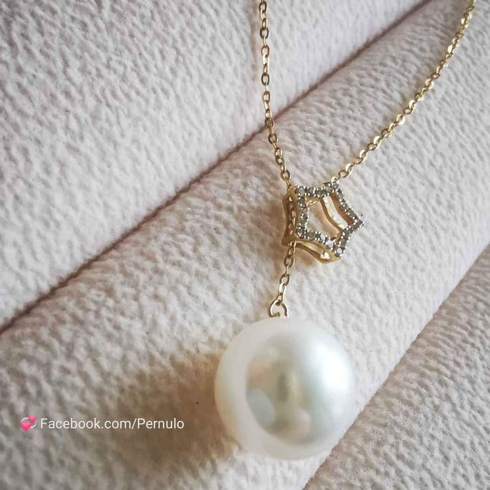 'Super Star' necklace 18k gold diamond genuine south sea white pearl 9.9mm AAAA