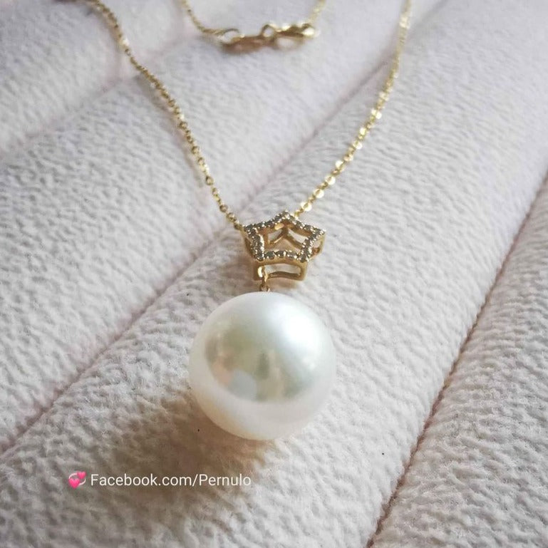 'Super Star' necklace 18k gold diamond genuine south sea white pearl 9.9mm AAAA