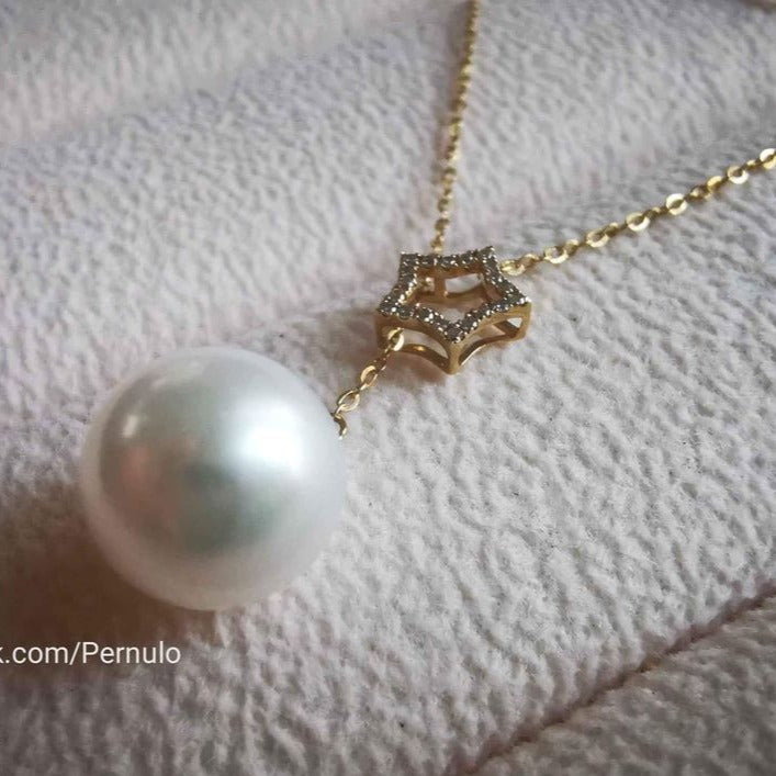 'Super Star' necklace 18k gold diamond genuine south sea white pearl 9.9mm AAAA