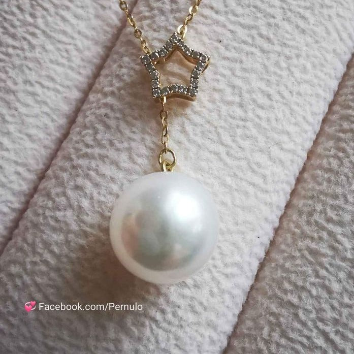 'Super Star' necklace 18k gold diamond genuine south sea white pearl 9.9mm AAAA