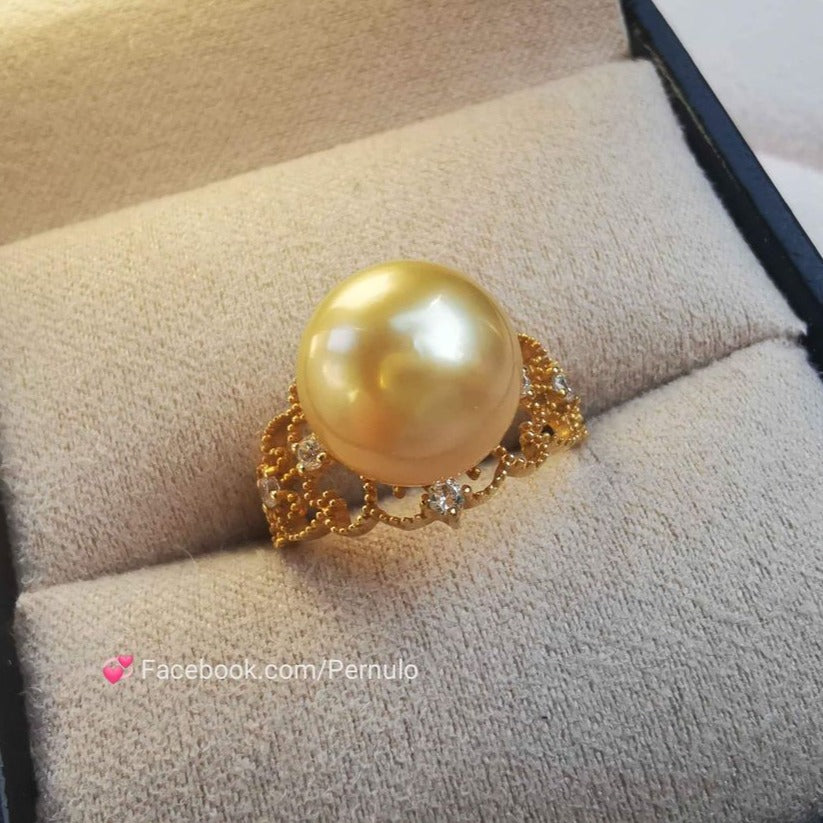 Golden lacy ring 18k gold genuine golden south sea round pearl 10.4mm AAA+ size L