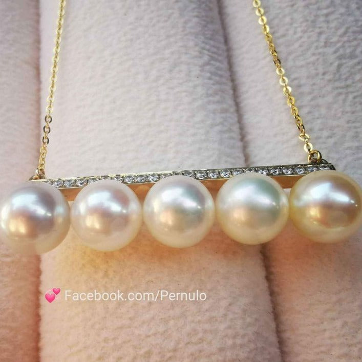Designer necklace 18k gold genuine Japanese akoya pearls 7.4mm AAA+