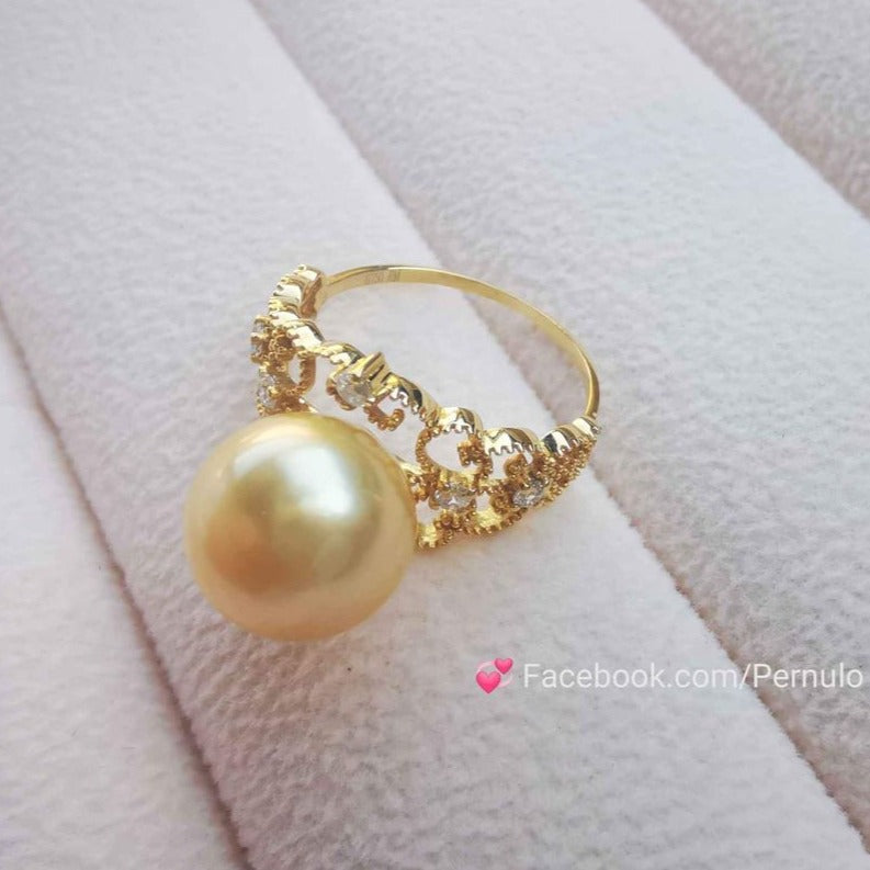 Golden lacy ring 18k gold genuine golden south sea round pearl 10.4mm AAA+ size L