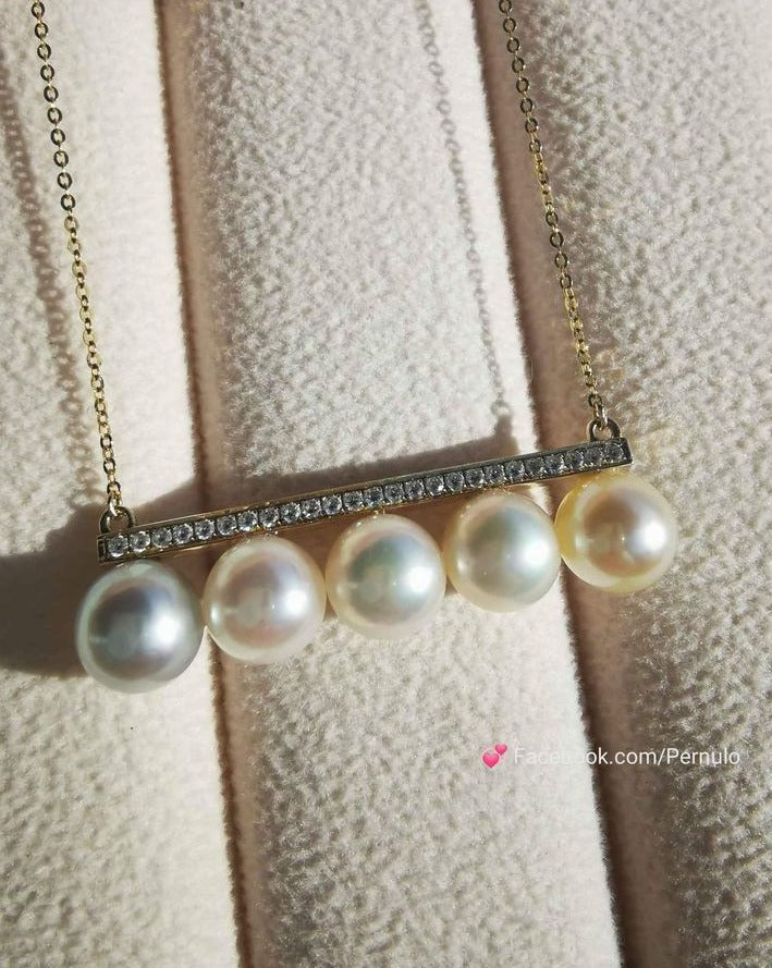 Designer necklace 18k gold genuine Japanese akoya pearls 7.4mm AAA+