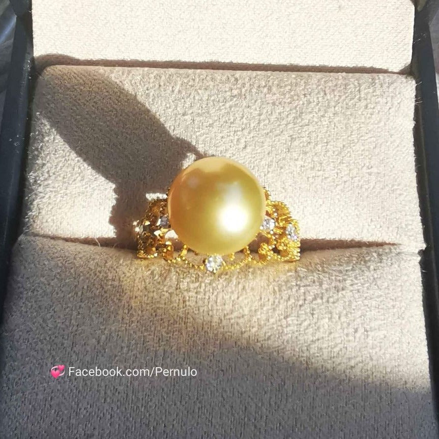Golden lacy ring 18k gold genuine golden south sea round pearl 10.4mm AAA+ size L