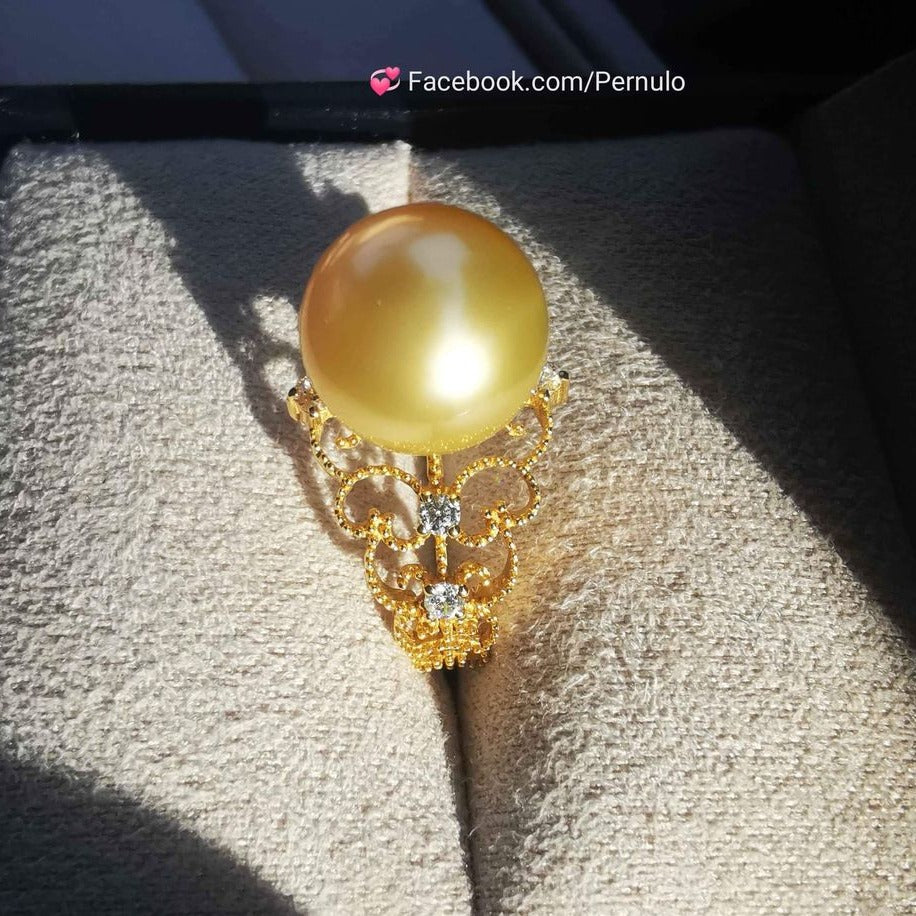 Golden lacy ring 18k gold genuine golden south sea round pearl 10.4mm AAA+ size L