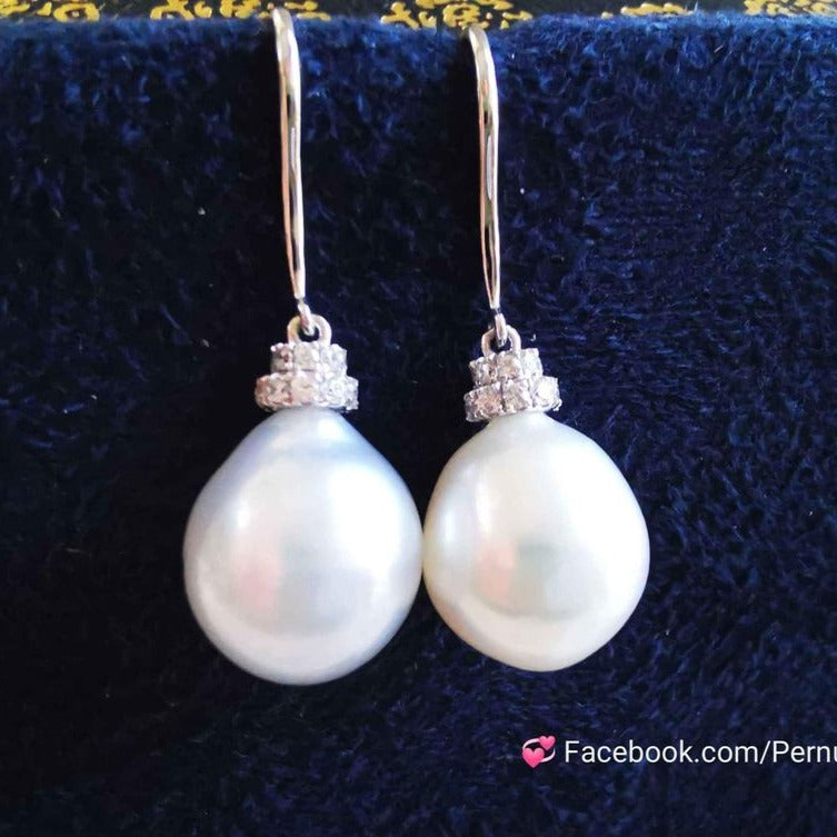 18k white gold classic earrings genuine south sea white pearl 9.6x10.6mm