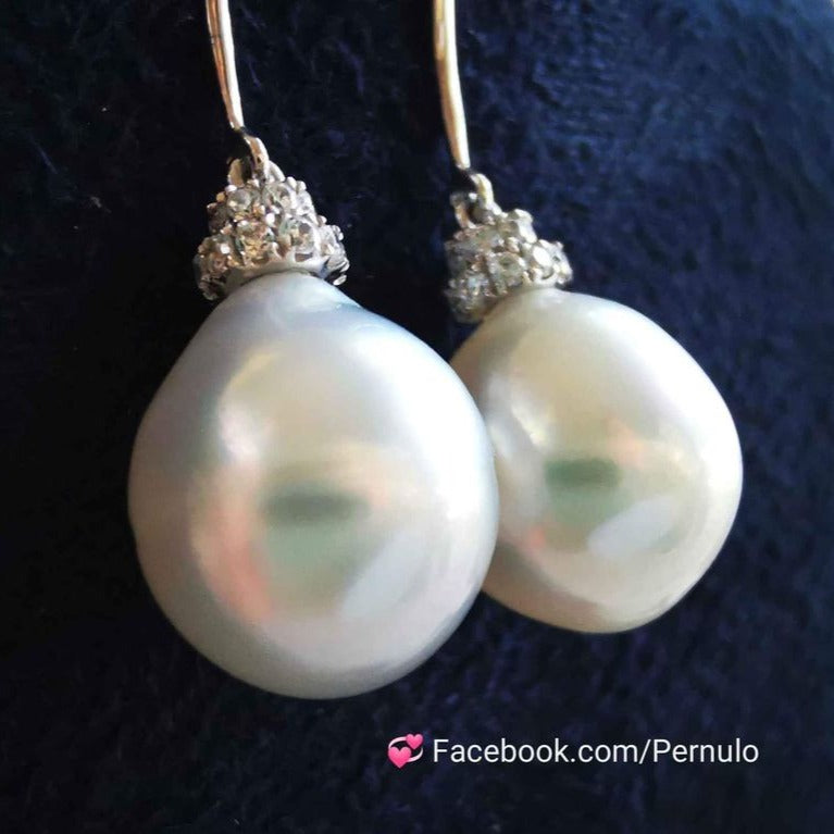 18k white gold classic earrings genuine south sea white pearl 9.6x10.6mm