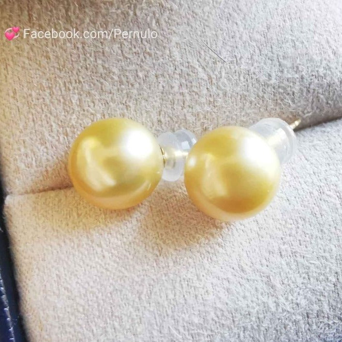 9.1mm Genuine golden south sea round pearl 18k gold essential earrings studs