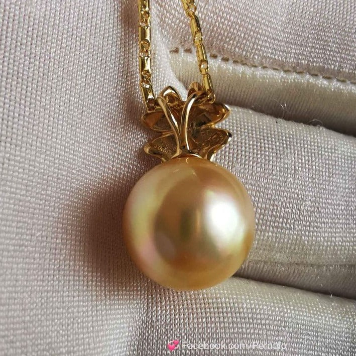 'A flower' pendant 14k gold diamond genuine golden south sea round pearl 12mm AAA+