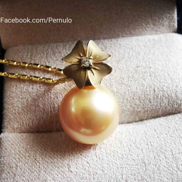'A flower' pendant 14k gold diamond genuine golden south sea round pearl 12mm AAA+
