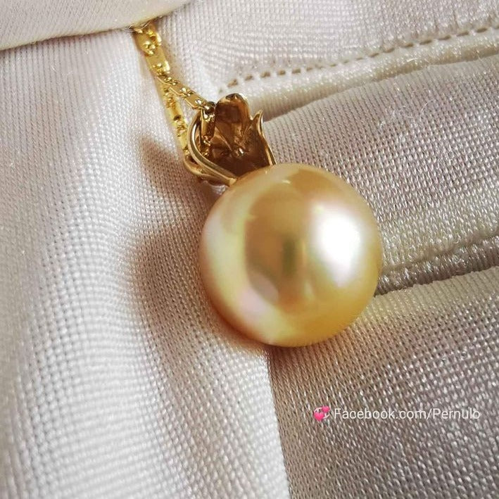 'A flower' pendant 14k gold diamond genuine golden south sea round pearl 12mm AAA+