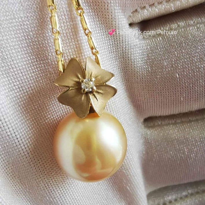 'A flower' pendant 14k gold diamond genuine golden south sea round pearl 12mm AAA+
