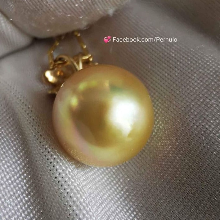 'A flower' pendant 14k gold diamond genuine golden south sea round pearl 12mm AAA+
