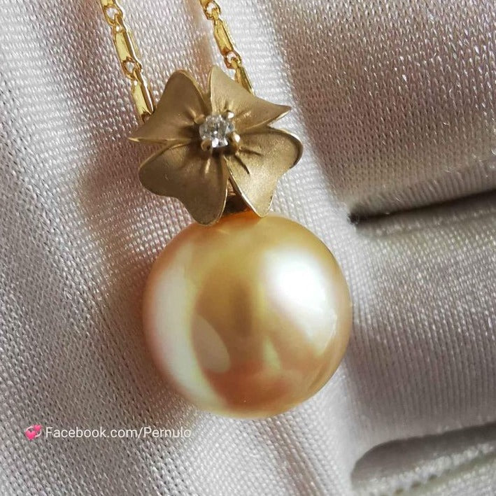 'A flower' pendant 14k gold diamond genuine golden south sea round pearl 12mm AAA+