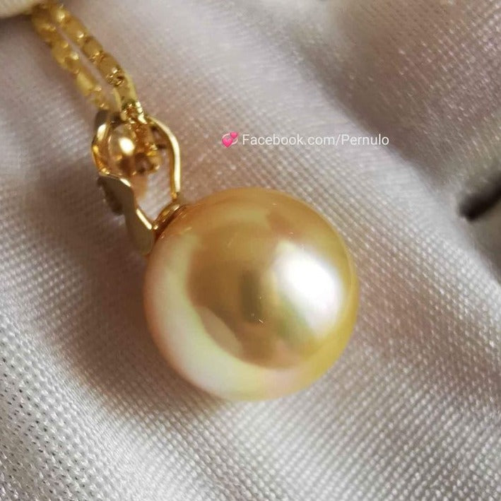 'A flower' pendant 14k gold diamond genuine golden south sea round pearl 12mm AAA+