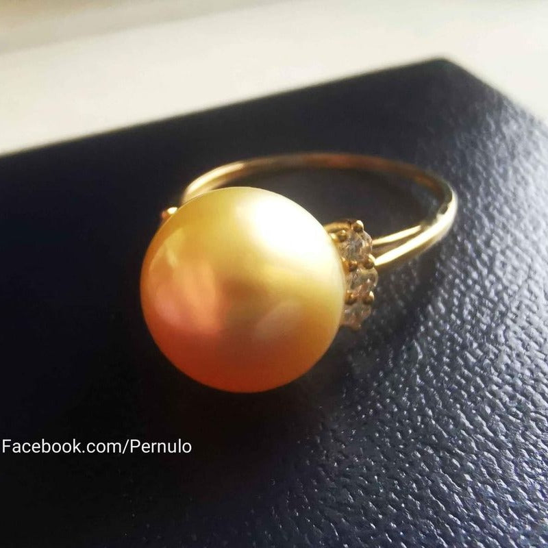 10.9mm Genuine golden south sea pearl classic 18k gold solitaire ring size O