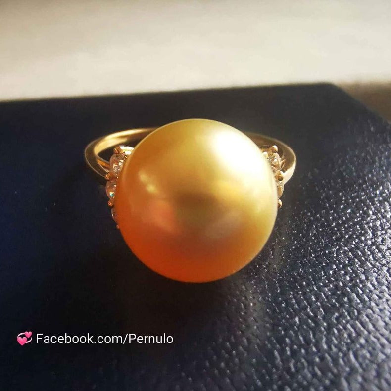 10.9mm Genuine golden south sea pearl classic 18k gold solitaire ring size O