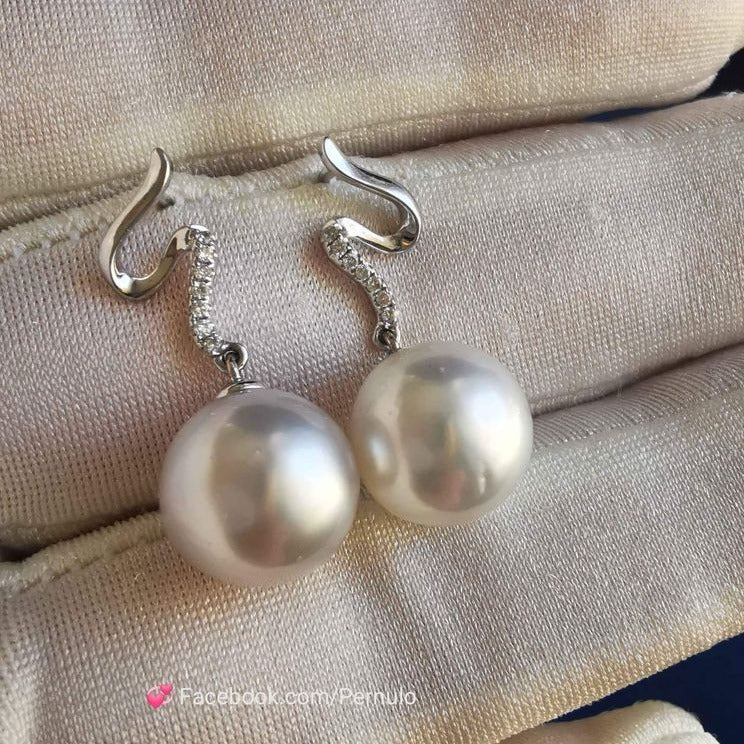18k white gold diamond earrings genuine south sea white pearls 10.6mm