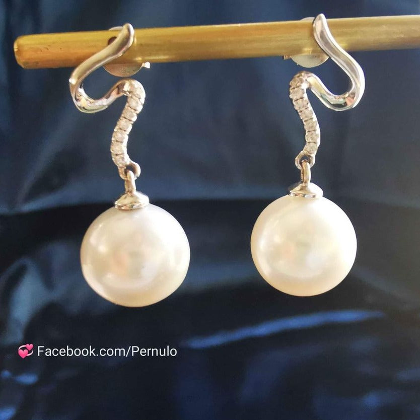 18k white gold diamond earrings genuine south sea white pearls 10.6mm