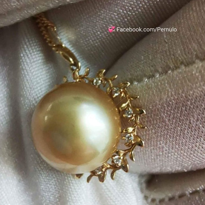 'The Sun' 14k gold pendant genuine golden south sea round pearl 11.4mm AAAA