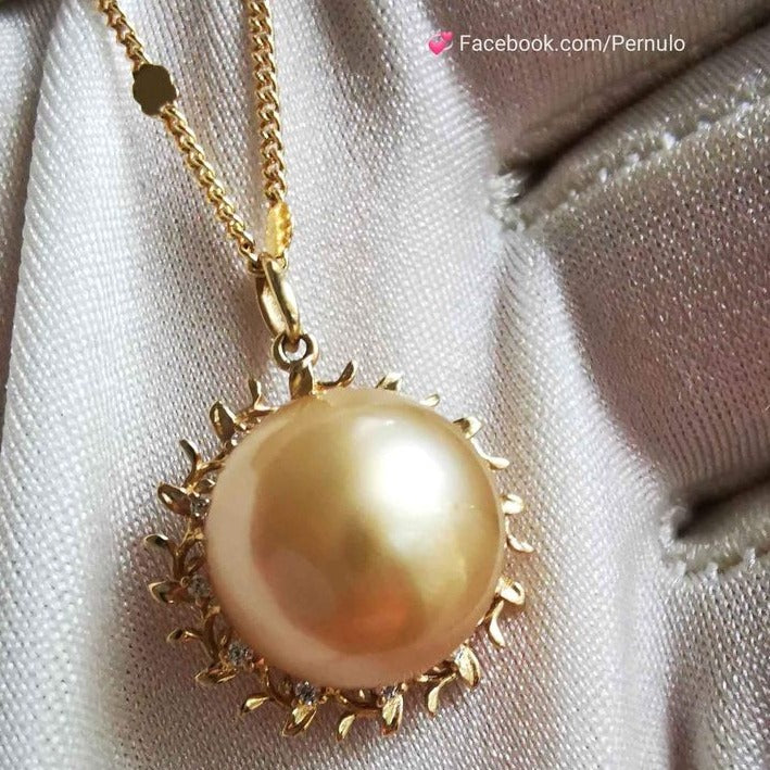 'The Sun' 14k gold pendant genuine golden south sea round pearl 11.4mm AAAA