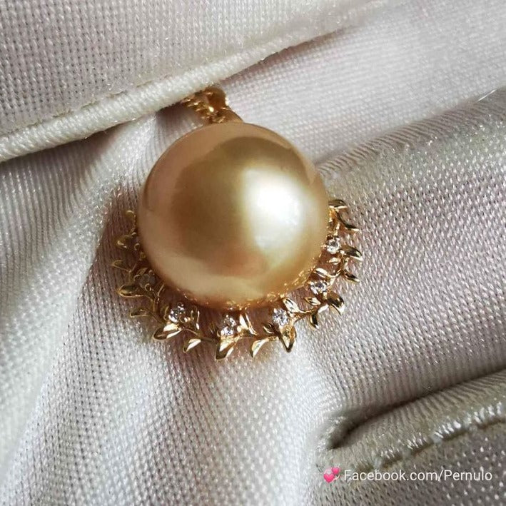 'The Sun' 14k gold pendant genuine golden south sea round pearl 11.4mm AAAA