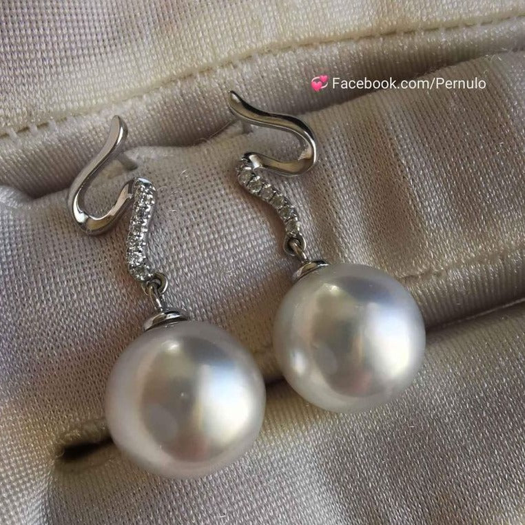 18k white gold diamond earrings genuine south sea white pearls 10.6mm