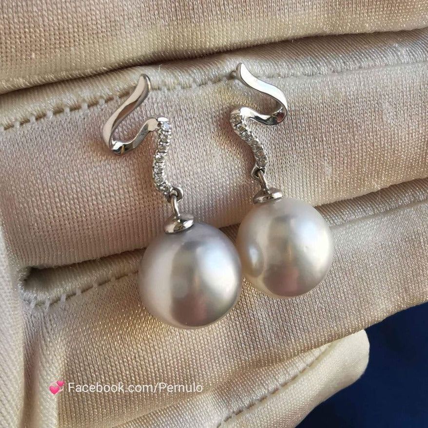 18k white gold diamond earrings genuine south sea white pearls 10.6mm