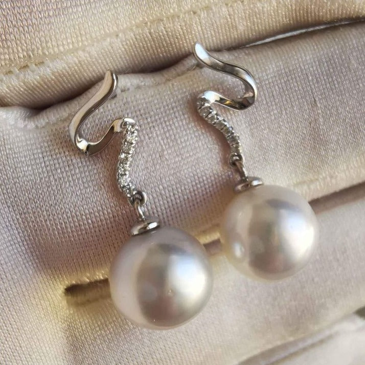 18k white gold diamond earrings genuine south sea white pearls 10.6mm