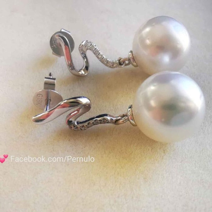 18k white gold diamond earrings genuine south sea white pearls 10.6mm