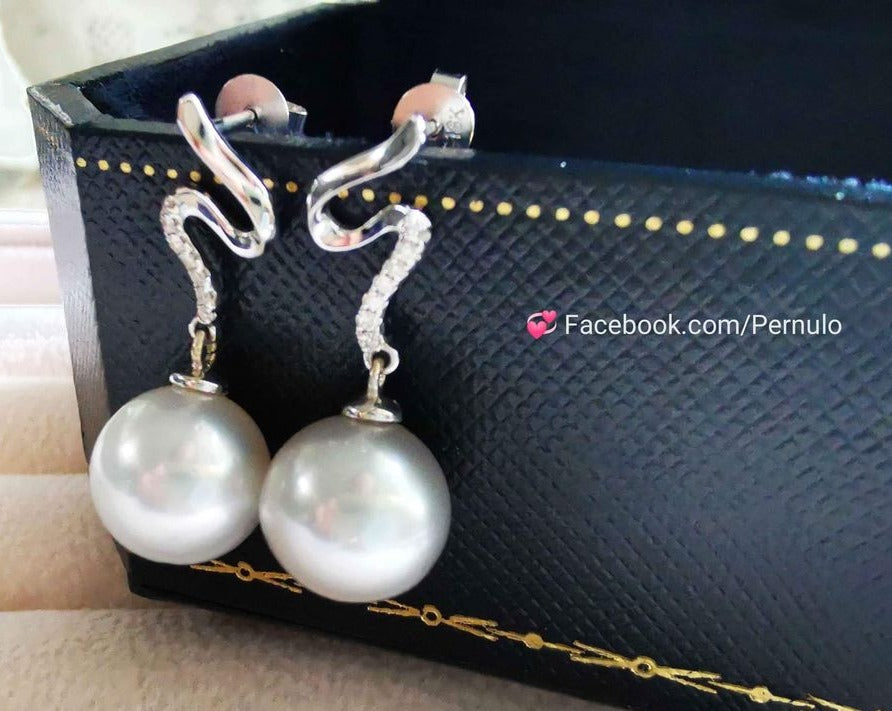 18k white gold diamond earrings genuine south sea white pearls 10.6mm