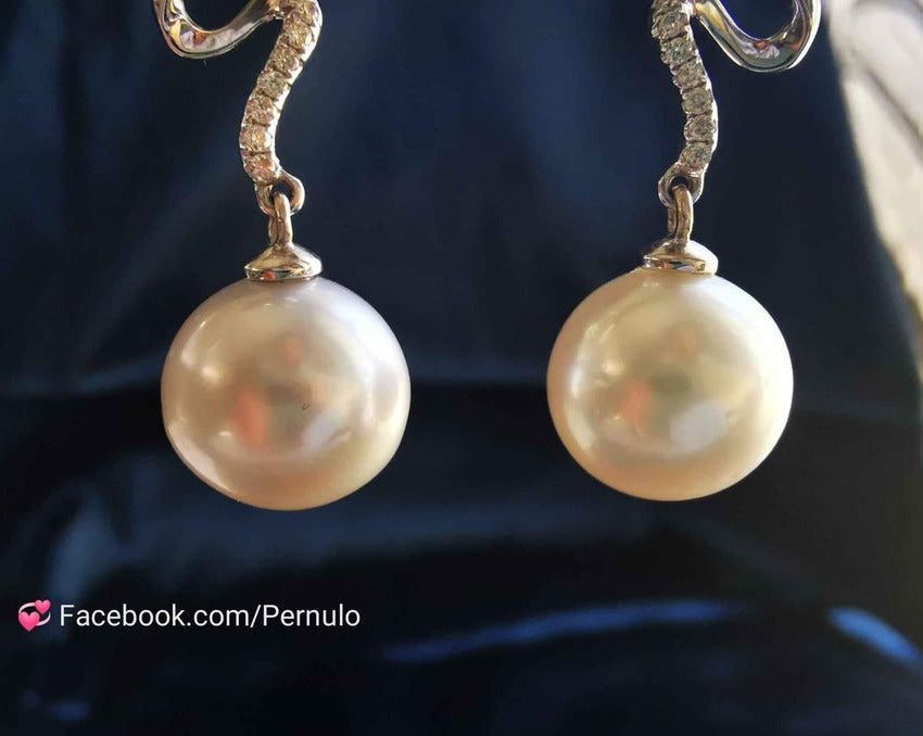 18k white gold diamond earrings genuine south sea white pearls 10.6mm
