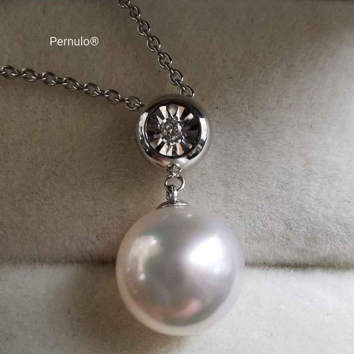 18k gold diamond classic dangle pendant genuine south sea white pearl 10.3mm AAAA