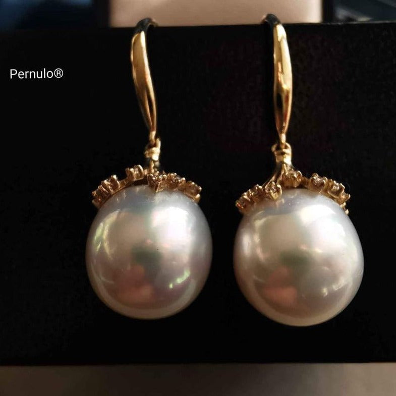 'Little fireworks' earrings 14k gold genuine south sea white pearls 10.6x11.2mm AAAA