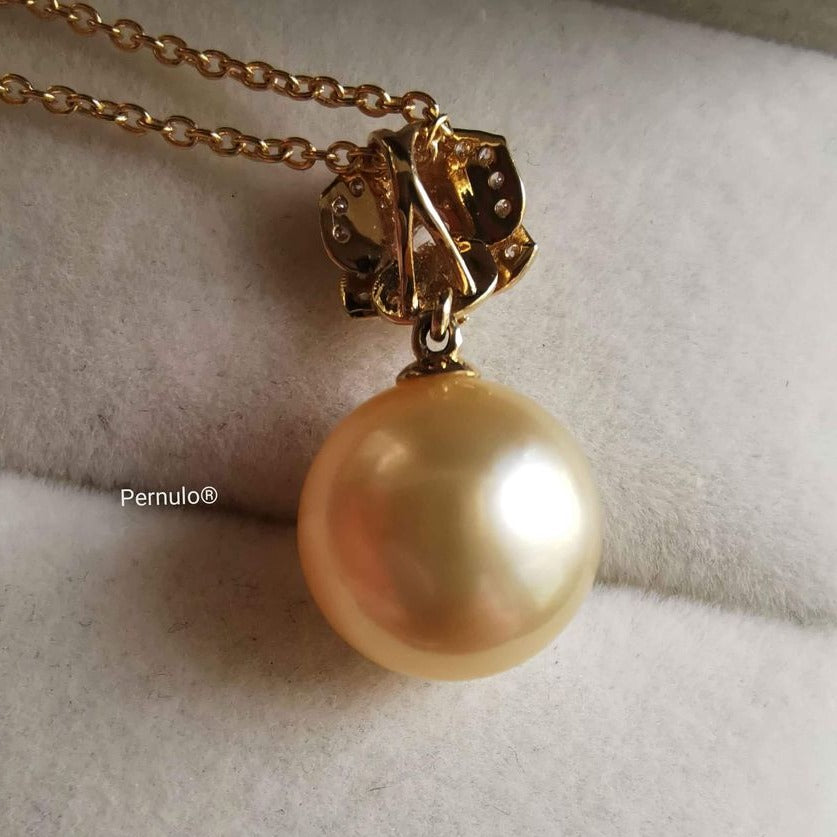 'Camélia' 18k gold pendant genuine golden south sea pearl 11.1mm AAA+