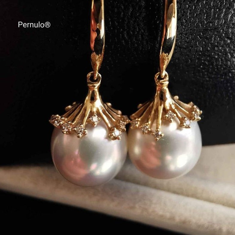 'Little fireworks' earrings 14k gold genuine south sea white pearls 10.6x11.2mm AAAA