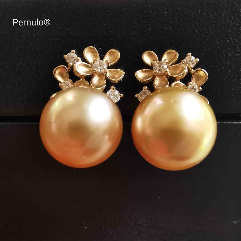 'Petites fleurs' 14k gold earrings genuine golden south sea pearl s 10.2mm AAA