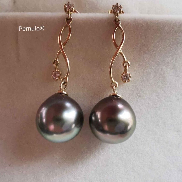 'The orient waves' 18k gold earrings genuine tahitian south sea pearls AAAA 9.7x10.2mm