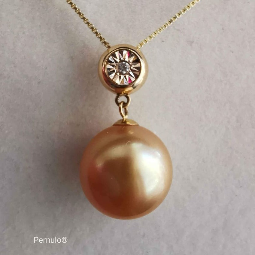 Classic 18k gold diamond pendant genuine golden south sea pearl 11.2mm