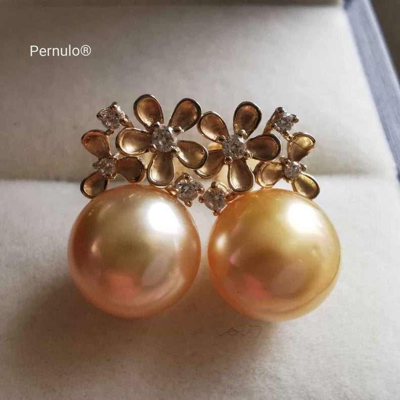 'Petites fleurs' 14k gold earrings genuine golden south sea pearl s 10.2mm AAA