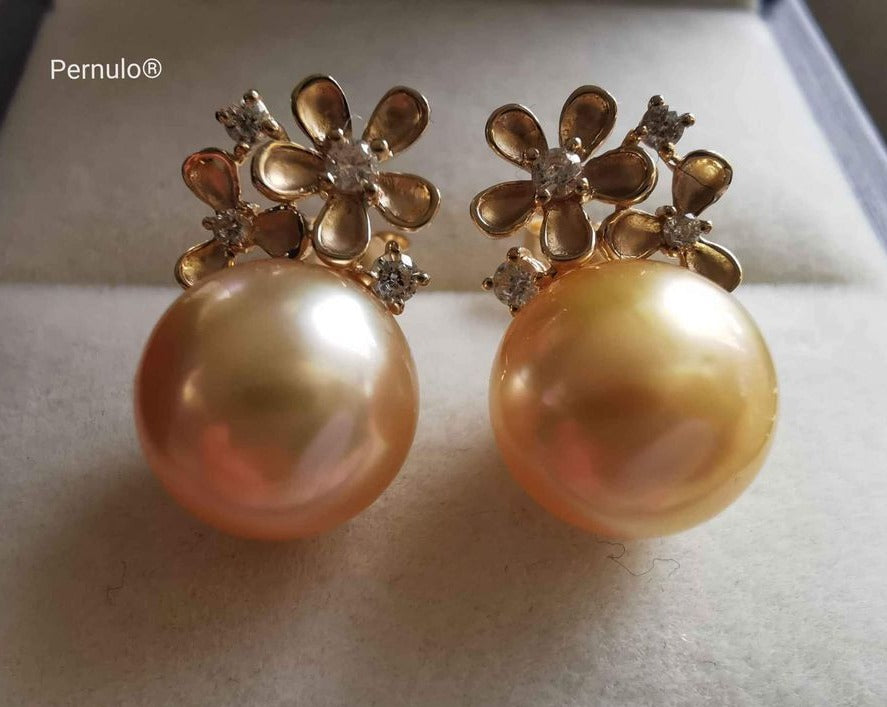 'Petites fleurs' 14k gold earrings genuine golden south sea pearl s 10.2mm AAA