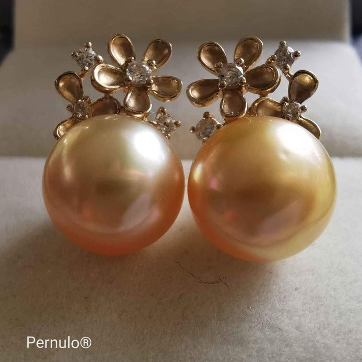 'Petites fleurs' 14k gold earrings genuine golden south sea pearl s 10.2mm AAA
