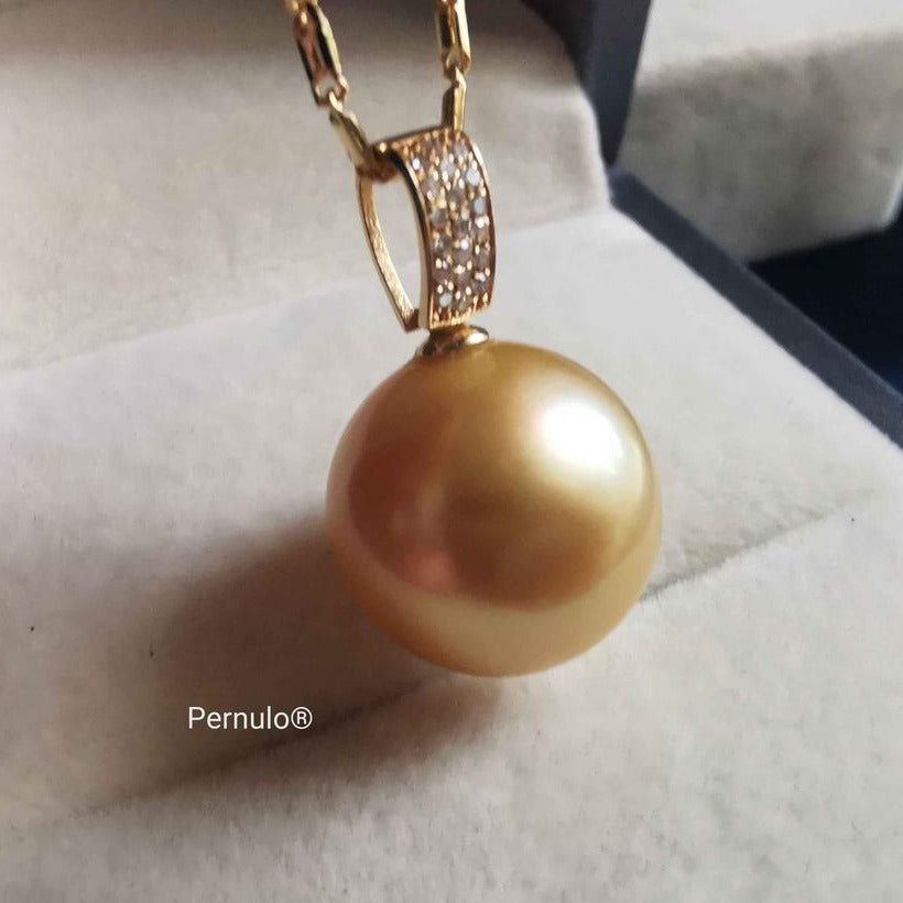 Classic pendant 18k gold diamond genuine golden south sea pearl 13mm AAA+