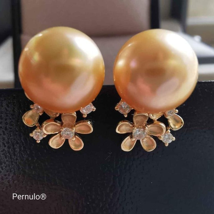 'Petites fleurs' 14k gold earrings genuine golden south sea pearl s 10.2mm AAA