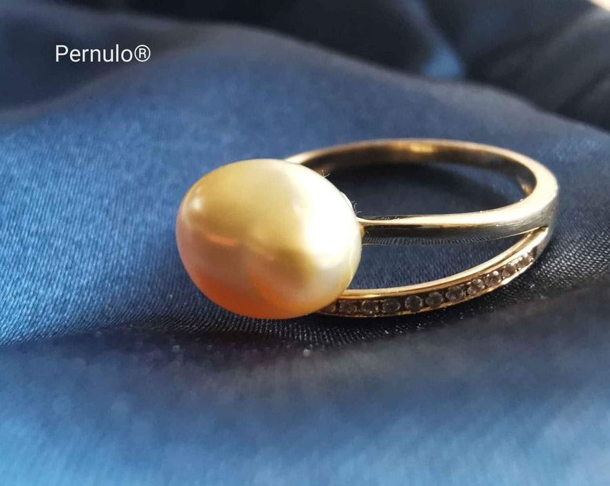 'A Golden Seed' 14k gold ring genuine golden south sea Keshi pearl 7.1-8.1mm K1/2